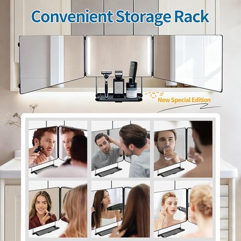 360 Self Hair Cutting Mirror LED –3 Way Mirror with Storage Shelf Premium HD Glass, Matte Anti-Fingerprint Finish, 3 Color Lights Adjustable & Portable Barber Mirrors for Home & Travel in Saudi Arabia