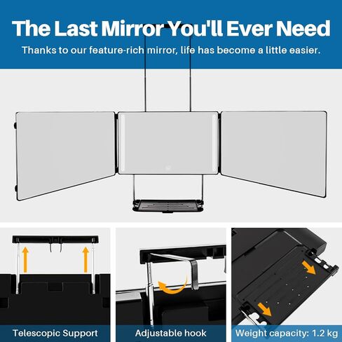 360 Self Hair Cutting Mirror LED –3 Way Mirror with Storage Shelf Premium HD Glass, Matte Anti-Fingerprint Finish, 3 Color Lights Adjustable & Portable Barber Mirrors for Home & Travel in Saudi Arabia