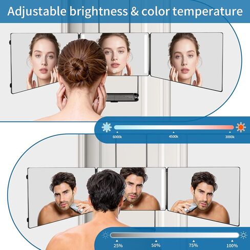 360 Self Hair Cutting Mirror LED –3 Way Mirror with Storage Shelf Premium HD Glass, Matte Anti-Fingerprint Finish, 3 Color Lights Adjustable & Portable Barber Mirrors for Home & Travel in Saudi Arabia
