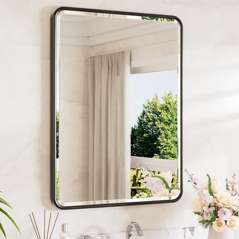 TETOTE Brushed Nickel Bathroom Mirror 24 x 30 Beveled Edge Tempered Glass, Rounded Corner Rectangle Bathroom Mirror for Over Sink for Modern Bathroom, Living Room, Bedroom, Entryway in Kuwait