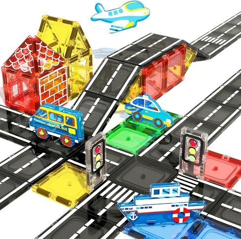 112 PCS Magnetic Tiles Road Set, STEM Magnetic Building Blocks for Toddler Kid Toys, City Construction Toys for 3+ Year Old Boys & Girls, Creative Gifts for Toy Car Enthusiasts in Kuwait