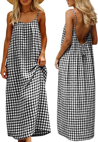 Womens Linen Dresses Summer Casual Sleeveless Backless Cami Sundress 2026 Trendy Plaid Print Vacation House Dress in Saudi Arabia