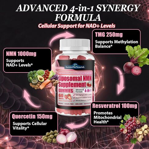 NMN Supplement 1000mg, 4-in-1 Liposomal NMN Gummies with Resveratrol, Quercetin & TMG for NAD+ Levels, NMNH Alternative, Supports Healthy Aging, Cellular Energy & Immune Health, 60 Count in Saudi Arabia