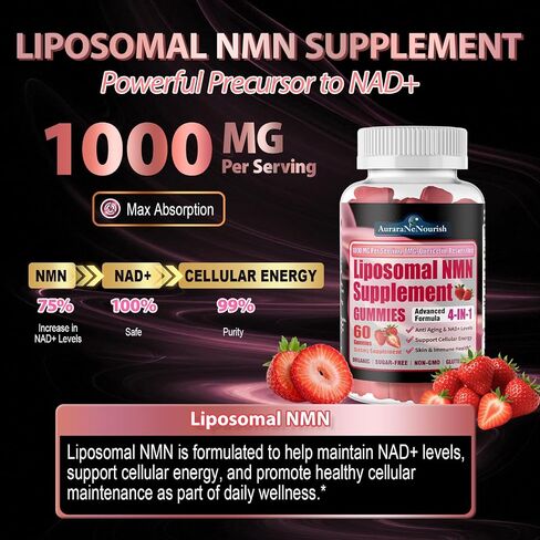 NMN Supplement 1000mg, 4-in-1 Liposomal NMN Gummies with Resveratrol, Quercetin & TMG for NAD+ Levels, NMNH Alternative, Supports Healthy Aging, Cellular Energy & Immune Health, 60 Count in Saudi Arabia