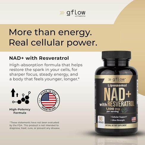 gflow vitamins NAD+ Supplement (Nicotinamide Adenine Dinucleotide) with Resveratrol as 98% Pure Trans-resveratrol | Antioxidant Anti-Aging Supplement Made in the USA in Kuwait