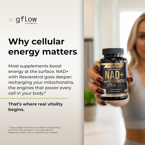 gflow vitamins NAD+ Supplement (Nicotinamide Adenine Dinucleotide) with Resveratrol as 98% Pure Trans-resveratrol | Antioxidant Anti-Aging Supplement Made in the USA in Kuwait