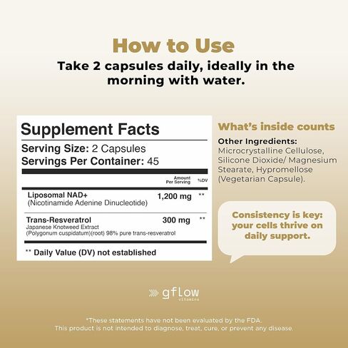 gflow vitamins NAD+ Supplement (Nicotinamide Adenine Dinucleotide) with Resveratrol as 98% Pure Trans-resveratrol | Antioxidant Anti-Aging Supplement Made in the USA in Kuwait