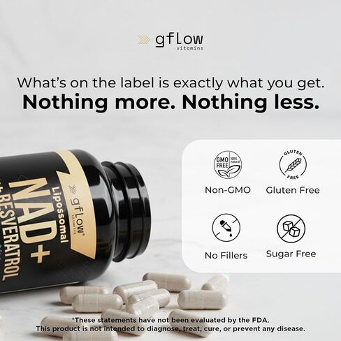 gflow vitamins NAD+ Supplement (Nicotinamide Adenine Dinucleotide) with Resveratrol as 98% Pure Trans-resveratrol | Antioxidant Anti-Aging Supplement Made in the USA in Kuwait