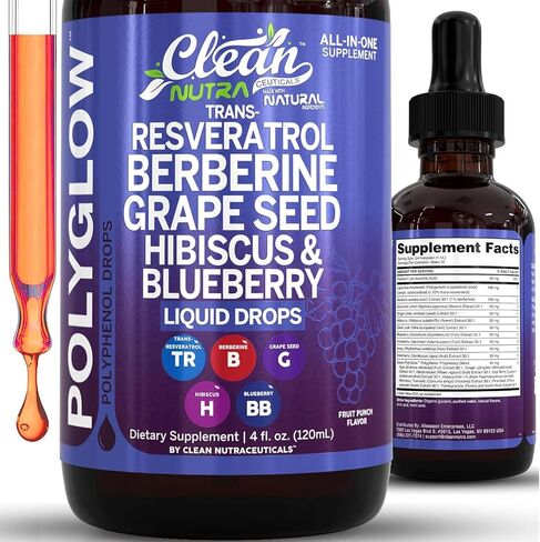 Clean Nutra Resveratrol Liquid Drops with Berberine, Grape Seed Extract, Hibiscus, Blueberry - All-in-One Polyphenol Supplement for Immune Support & Antioxidant Support - Natural Fruit Punch Flavor in Kuwait