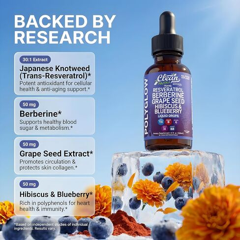 Clean Nutra Resveratrol Liquid Drops with Berberine, Grape Seed Extract, Hibiscus, Blueberry - All-in-One Polyphenol Supplement for Immune Support & Antioxidant Support - Natural Fruit Punch Flavor in Kuwait