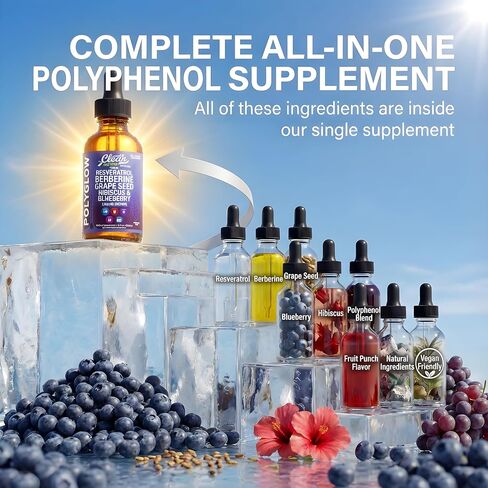 Clean Nutra Resveratrol Liquid Drops with Berberine, Grape Seed Extract, Hibiscus, Blueberry - All-in-One Polyphenol Supplement for Immune Support & Antioxidant Support - Natural Fruit Punch Flavor in Kuwait