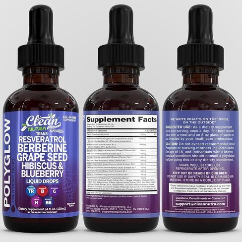 Clean Nutra Resveratrol Liquid Drops with Berberine, Grape Seed Extract, Hibiscus, Blueberry - All-in-One Polyphenol Supplement for Immune Support & Antioxidant Support - Natural Fruit Punch Flavor in Kuwait