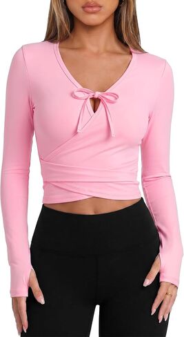 Women’s Pilates Wrap Top Thumbhole Sleeves Ballet Yoga Shirt with Front Bow Tie Long Sleeve Slim Fit Dance Workout Top in Saudi Arabia