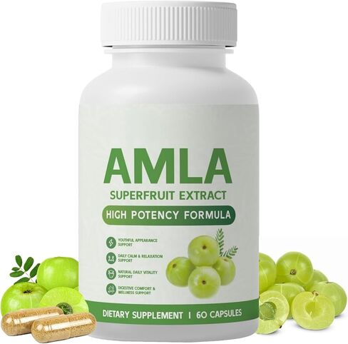 Amla Capsules, كبسولات Amla Superfruit، نباتية، خالية من الكائنات المعدلة وراثيًا، 60 كبسولة (1 قطعة) in Kuwait