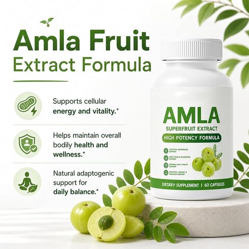 Amla Capsules, كبسولات Amla Superfruit، نباتية، خالية من الكائنات المعدلة وراثيًا، 60 كبسولة (1 قطعة) in Kuwait