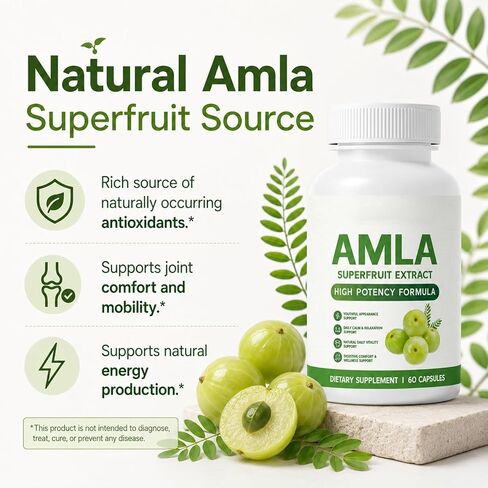 Amla Capsules, كبسولات Amla Superfruit، نباتية، خالية من الكائنات المعدلة وراثيًا، 60 كبسولة (1 قطعة) in Kuwait