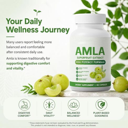 Amla Capsules, كبسولات Amla Superfruit، نباتية، خالية من الكائنات المعدلة وراثيًا، 60 كبسولة (1 قطعة) in Kuwait