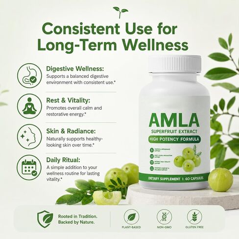 Amla Capsules, كبسولات Amla Superfruit، نباتية، خالية من الكائنات المعدلة وراثيًا، 60 كبسولة (1 قطعة) in Kuwait