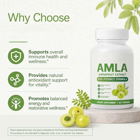 Amla Capsules, كبسولات Amla Superfruit، نباتية، خالية من الكائنات المعدلة وراثيًا، 60 كبسولة (1 قطعة) in Kuwait