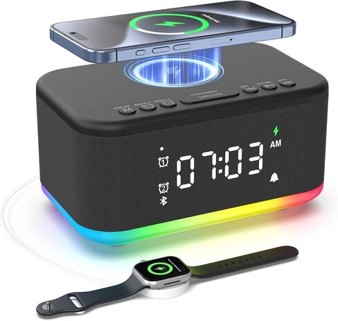 Wireless Charging Alarm Clock Bedroom, Digital Alarm Clocks Bedrooms Bluetooth, Loud Bluetooth Speaker Alarm Clock Night Light Dual Alarm Snooze 12/24H Dimmer Bluetooth AUX USB Charging, Black in Saudi Arabia