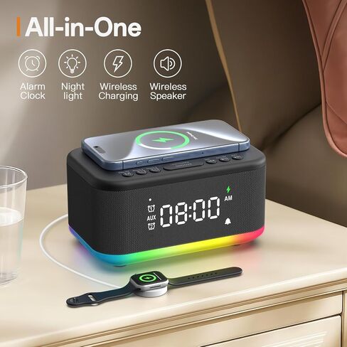 Wireless Charging Alarm Clock Bedroom, Digital Alarm Clocks Bedrooms Bluetooth, Loud Bluetooth Speaker Alarm Clock Night Light Dual Alarm Snooze 12/24H Dimmer Bluetooth AUX USB Charging, Black in Saudi Arabia
