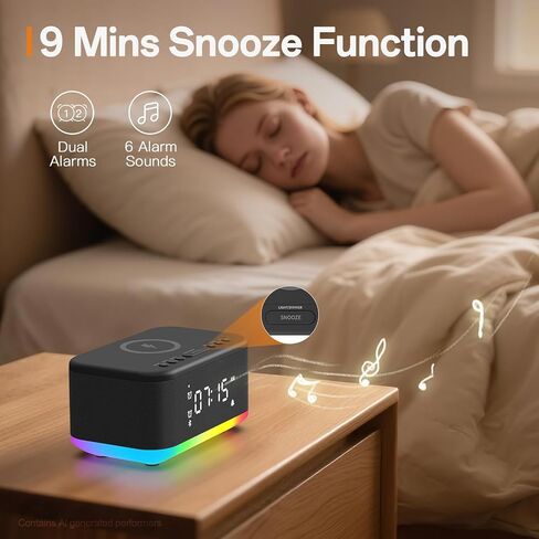 Wireless Charging Alarm Clock Bedroom, Digital Alarm Clocks Bedrooms Bluetooth, Loud Bluetooth Speaker Alarm Clock Night Light Dual Alarm Snooze 12/24H Dimmer Bluetooth AUX USB Charging, Black in Saudi Arabia