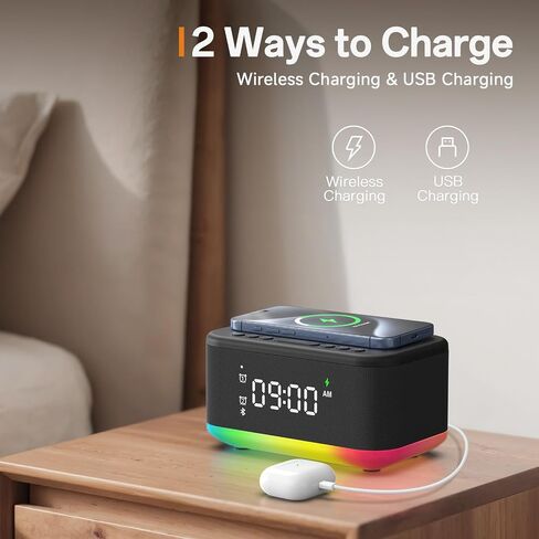 Wireless Charging Alarm Clock Bedroom, Digital Alarm Clocks Bedrooms Bluetooth, Loud Bluetooth Speaker Alarm Clock Night Light Dual Alarm Snooze 12/24H Dimmer Bluetooth AUX USB Charging, Black in Saudi Arabia