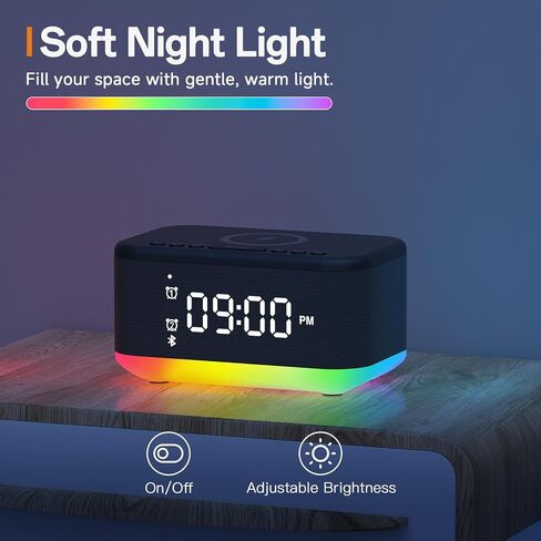 Wireless Charging Alarm Clock Bedroom, Digital Alarm Clocks Bedrooms Bluetooth, Loud Bluetooth Speaker Alarm Clock Night Light Dual Alarm Snooze 12/24H Dimmer Bluetooth AUX USB Charging, Black in Saudi Arabia