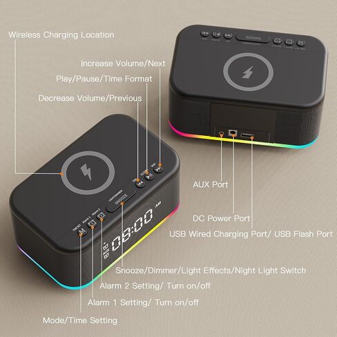 Wireless Charging Alarm Clock Bedroom, Digital Alarm Clocks Bedrooms Bluetooth, Loud Bluetooth Speaker Alarm Clock Night Light Dual Alarm Snooze 12/24H Dimmer Bluetooth AUX USB Charging, Black in Saudi Arabia