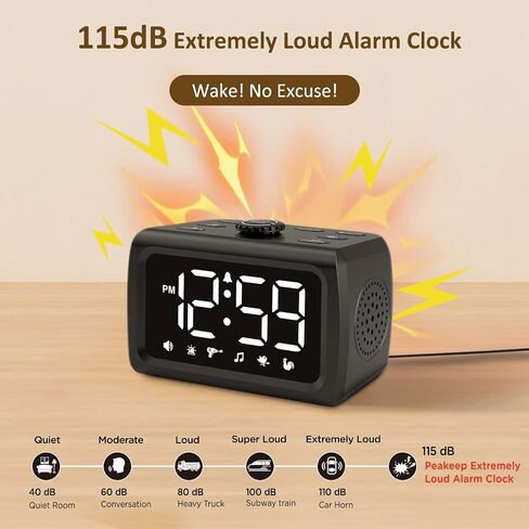 Peakeep 115dB Super Loud Alarm Clock for Heavy Sleepers, Large Display Auto/Manual Brightness for Bedroom, USB Charger, 6 Wake-up Sounds Battery Backup for Teens Shift Workers Oversleeping Fix in Saudi Arabia