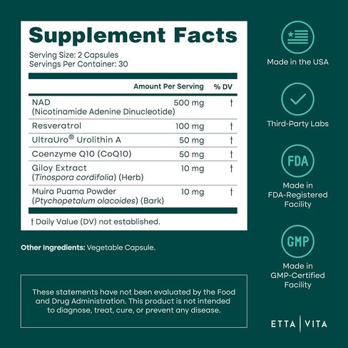 Liposomal NAD+ Supplement - Resveratrol, Muira Puama, Urolithin A, CoQ10 & Giloy (Made in USA) NAD Supplement for Natural Energy, Brain Fog, Digestion, Detox, Gut Health, Microbiome in Saudi Arabia