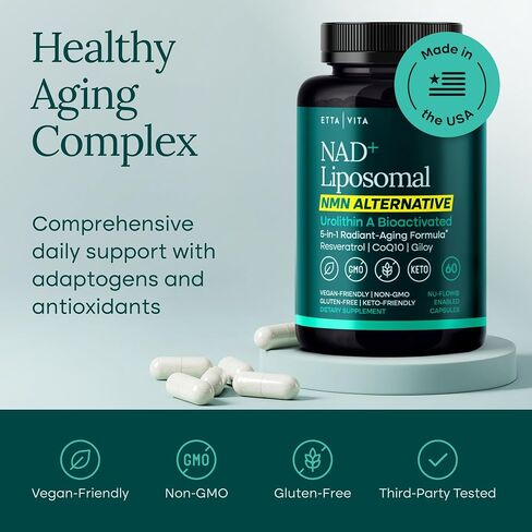 Liposomal NAD+ Supplement - Resveratrol, Muira Puama, Urolithin A, CoQ10 & Giloy (Made in USA) NAD Supplement for Natural Energy, Brain Fog, Digestion, Detox, Gut Health, Microbiome in Saudi Arabia