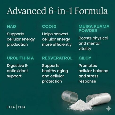 Liposomal NAD+ Supplement - Resveratrol, Muira Puama, Urolithin A, CoQ10 & Giloy (Made in USA) NAD Supplement for Natural Energy, Brain Fog, Digestion, Detox, Gut Health, Microbiome in Saudi Arabia