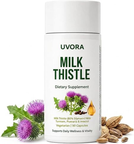 Uvora Milk Thistle Detox, 80% Silymarin Liver Support Formula with Inositol & Turmeric, Non-GMO Ingredients,Free from Gluten and Soy. Vegan-Friendly, 90 Capsules in Saudi Arabia
