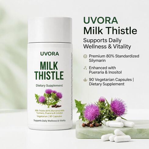 Uvora Milk Thistle Detox, 80% Silymarin Liver Support Formula with Inositol & Turmeric, Non-GMO Ingredients,Free from Gluten and Soy. Vegan-Friendly, 90 Capsules in Saudi Arabia