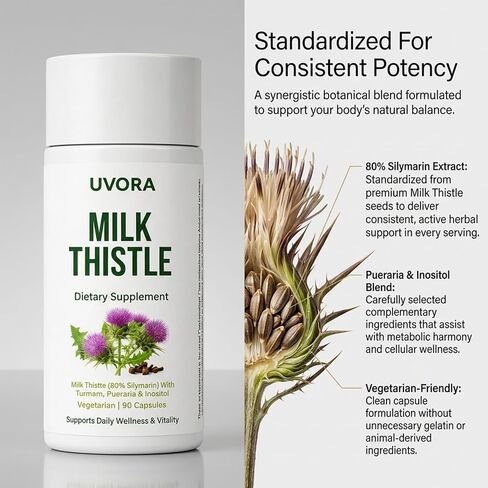 Uvora Milk Thistle Detox, 80% Silymarin Liver Support Formula with Inositol & Turmeric, Non-GMO Ingredients,Free from Gluten and Soy. Vegan-Friendly, 90 Capsules in Saudi Arabia