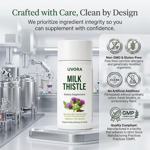 Uvora Milk Thistle Detox, 80% Silymarin Liver Support Formula with Inositol & Turmeric, Non-GMO Ingredients,Free from Gluten and Soy. Vegan-Friendly, 90 Capsules in Saudi Arabia