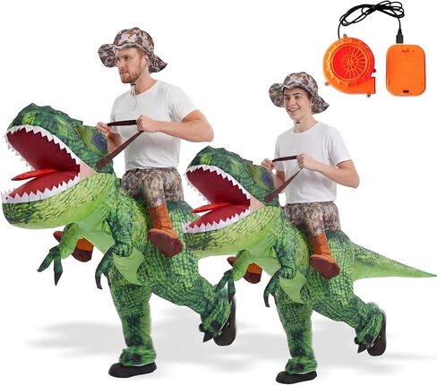 Capoda 2 Pcs Inflatable Riding Dinosaur Costume Adults Family Blow up Riding T Rex Cosplay Suits with Built-in Blower Funny Dinosaurs Theme Costume Set for Halloween Birthday Party Cosplay in Kuwait