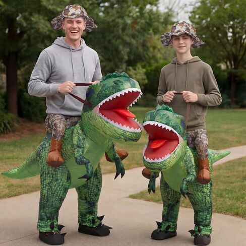 Capoda 2 Pcs Inflatable Riding Dinosaur Costume Adults Family Blow up Riding T Rex Cosplay Suits with Built-in Blower Funny Dinosaurs Theme Costume Set for Halloween Birthday Party Cosplay in Kuwait