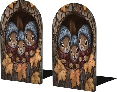 (2 PCS/1 Pairs) Wood Bookends, Squirrel Tree Hole Maple Leaf Decorative Wood Bookends for Shelves Kids Room Desk Home Office Book Stoppers for Holiding Books 5x3 Inch in Saudi Arabia