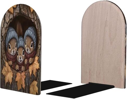 (2 PCS/1 Pairs) Wood Bookends, Squirrel Tree Hole Maple Leaf Decorative Wood Bookends for Shelves Kids Room Desk Home Office Book Stoppers for Holiding Books 5x3 Inch in Saudi Arabia