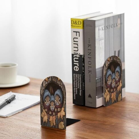 (2 PCS/1 Pairs) Wood Bookends, Squirrel Tree Hole Maple Leaf Decorative Wood Bookends for Shelves Kids Room Desk Home Office Book Stoppers for Holiding Books 5x3 Inch in Saudi Arabia