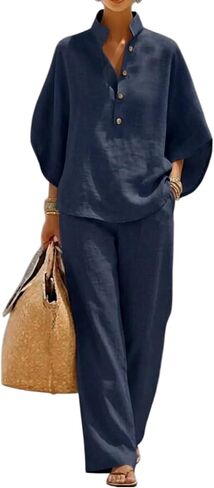 Linen Sets for Womens 2 Piece Outfits Batwing Sleeve V Neck Button Shirts and Wide Leg Pants Set Vacation Beach Outfits in Saudi Arabia