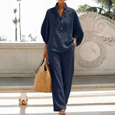 Linen Sets for Womens 2 Piece Outfits Batwing Sleeve V Neck Button Shirts and Wide Leg Pants Set Vacation Beach Outfits in Saudi Arabia