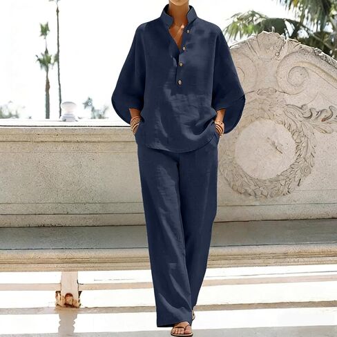 Linen Sets for Womens 2 Piece Outfits Batwing Sleeve V Neck Button Shirts and Wide Leg Pants Set Vacation Beach Outfits in Saudi Arabia