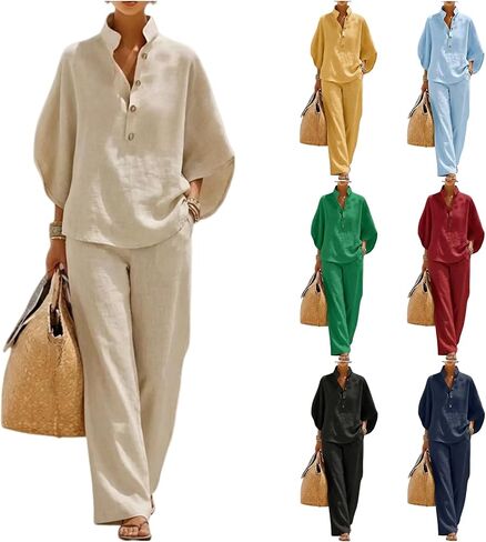 Linen Sets for Womens 2 Piece Outfits Batwing Sleeve V Neck Button Shirts and Wide Leg Pants Set Vacation Beach Outfits in Saudi Arabia