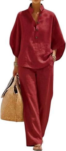 Linen Sets for Womens 2 Piece Outfits Batwing Sleeve V Neck Button Shirts and Wide Leg Pants Set Vacation Beach Outfits in Saudi Arabia