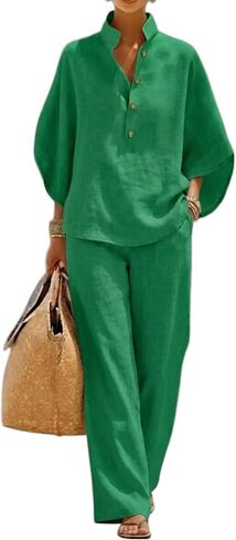 Linen Sets for Womens 2 Piece Outfits Batwing Sleeve V Neck Button Shirts and Wide Leg Pants Set Vacation Beach Outfits in Saudi Arabia