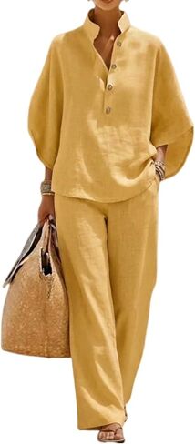 Linen Sets for Womens 2 Piece Outfits Batwing Sleeve V Neck Button Shirts and Wide Leg Pants Set Vacation Beach Outfits in Saudi Arabia