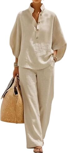 Linen Sets for Womens 2 Piece Outfits Batwing Sleeve V Neck Button Shirts and Wide Leg Pants Set Vacation Beach Outfits in Saudi Arabia